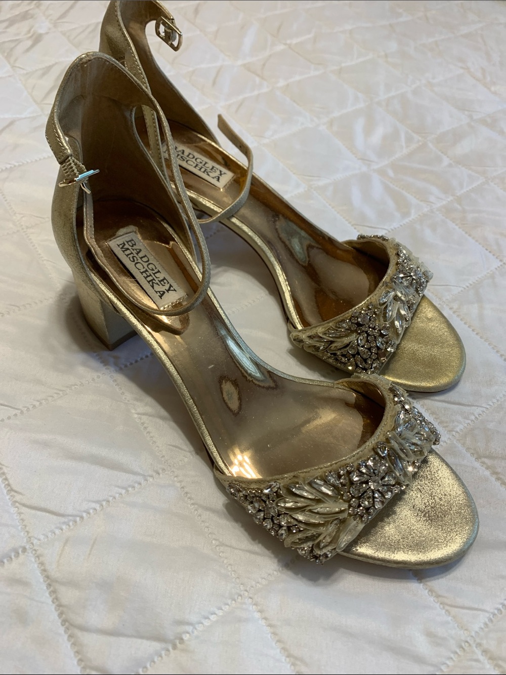 Badgley Mischka Metallic Gold Crystal-Embellished Ankle-Strap Heels